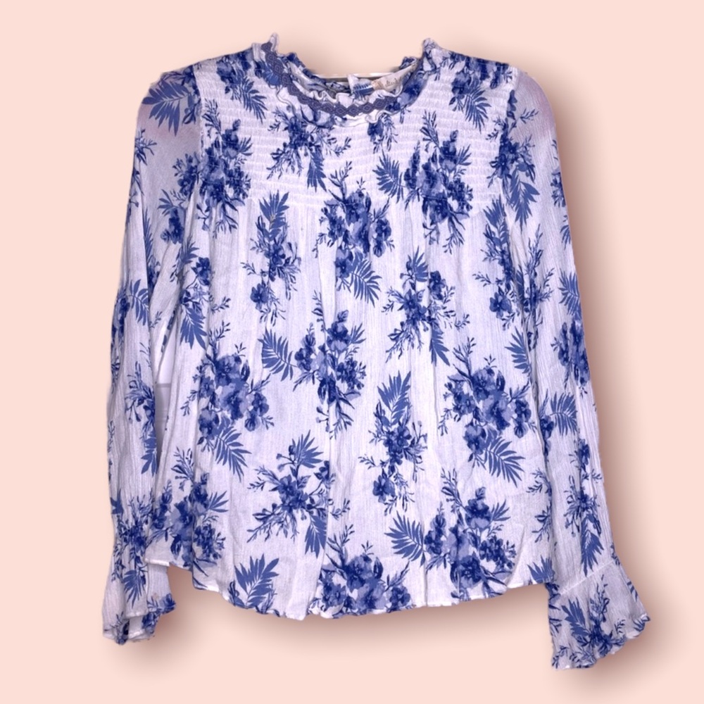 Altar'd State Floral Long Sleeve High Neck Sheer Blouse Small Blue White